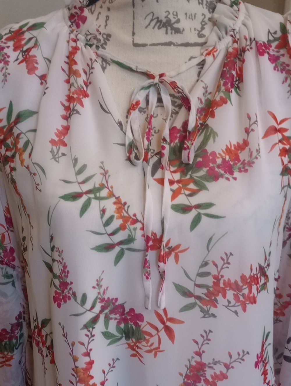 PRICE🔽 Worthington White Floral Tie-Neck Blouse with Pink & Green Print - Picture 3 of 8